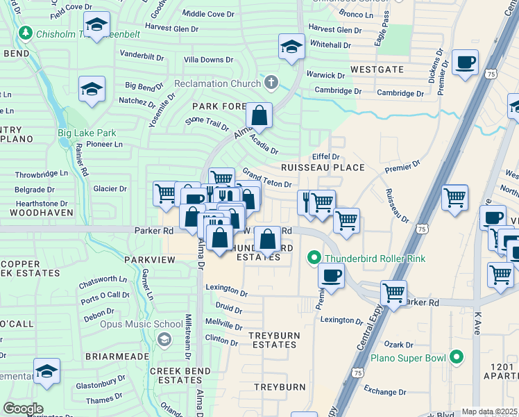 map of restaurants, bars, coffee shops, grocery stores, and more near 3317 Crater Lane in Plano