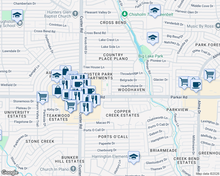 map of restaurants, bars, coffee shops, grocery stores, and more near 3317 Carriage Lane in Plano