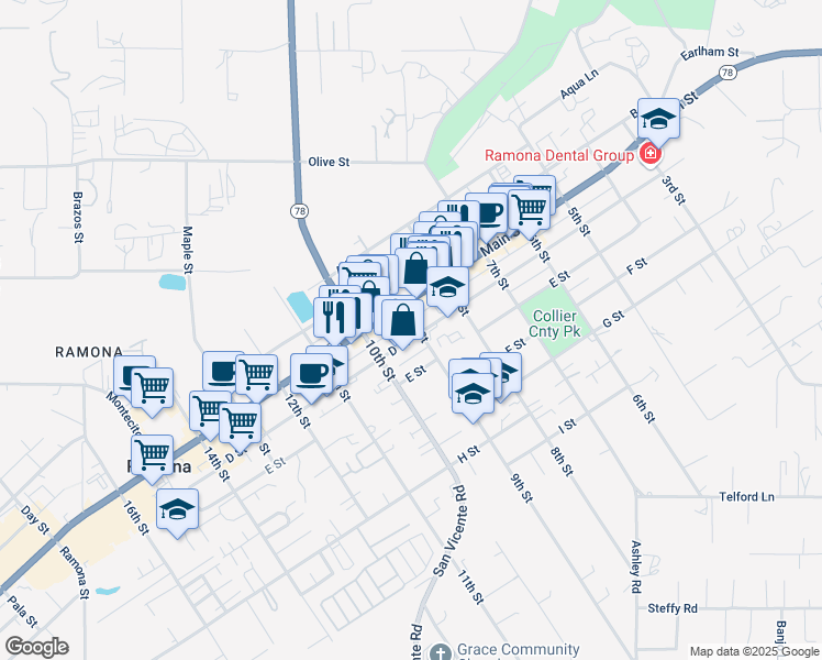 map of restaurants, bars, coffee shops, grocery stores, and more near 901 D Street in Ramona