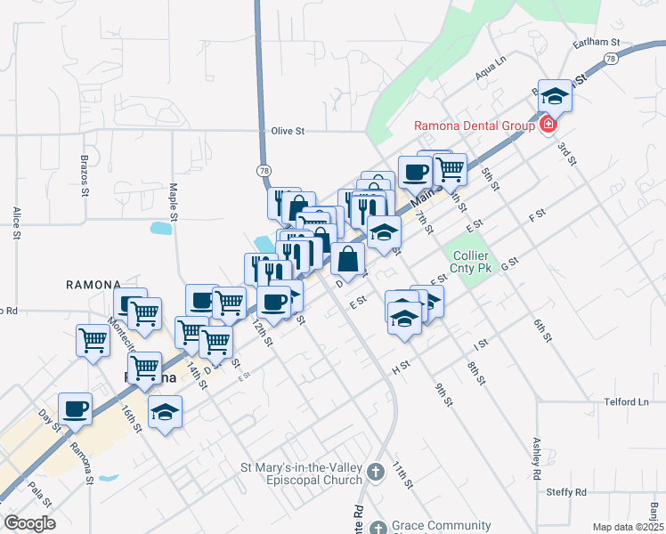 map of restaurants, bars, coffee shops, grocery stores, and more near in Ramona