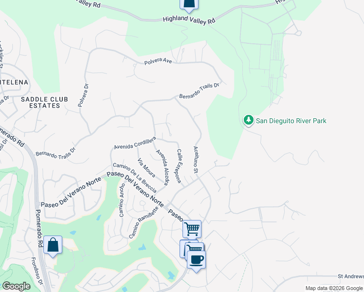 map of restaurants, bars, coffee shops, grocery stores, and more near 18176 Calle Estepona in San Diego