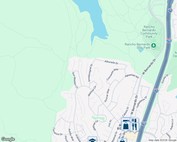 map of restaurants, bars, coffee shops, grocery stores, and more near 18212 Smokesignal Drive in San Diego