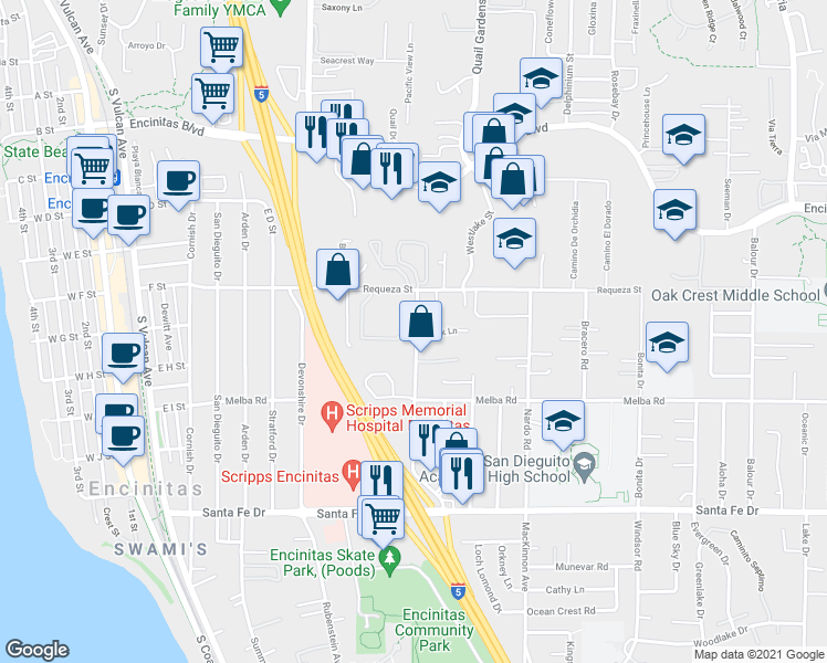 map of restaurants, bars, coffee shops, grocery stores, and more near 804 Regal Road in Encinitas
