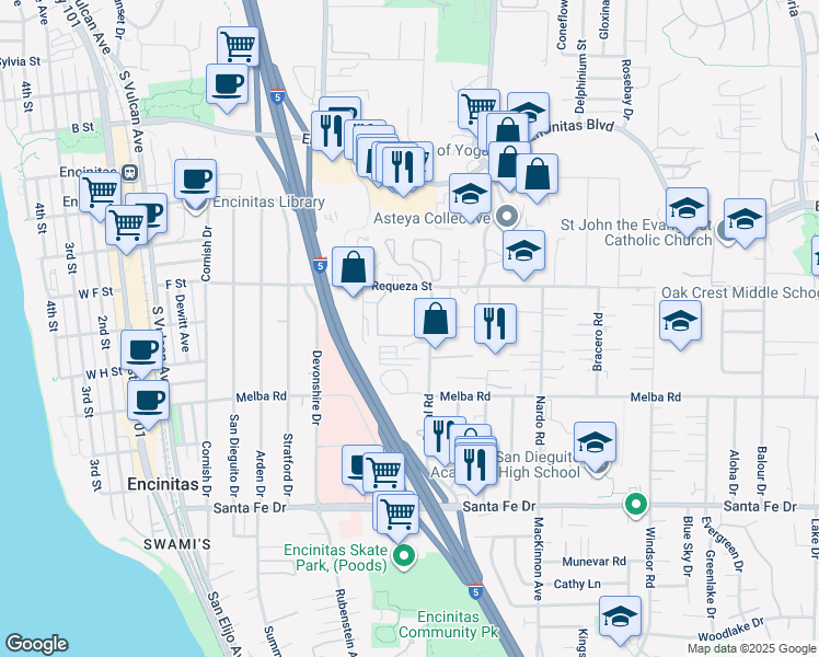 map of restaurants, bars, coffee shops, grocery stores, and more near 804 Regal Road in Encinitas