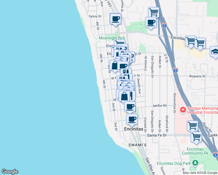 map of restaurants, bars, coffee shops, grocery stores, and more near 762 3rd Street in Encinitas