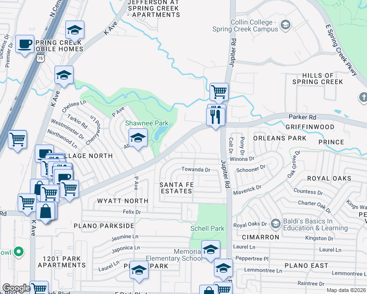 map of restaurants, bars, coffee shops, grocery stores, and more near 3309 Oswego Drive in Plano