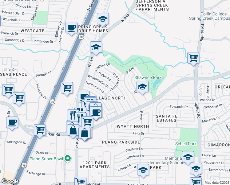 map of restaurants, bars, coffee shops, grocery stores, and more near 3349 Tarkio Road in Plano