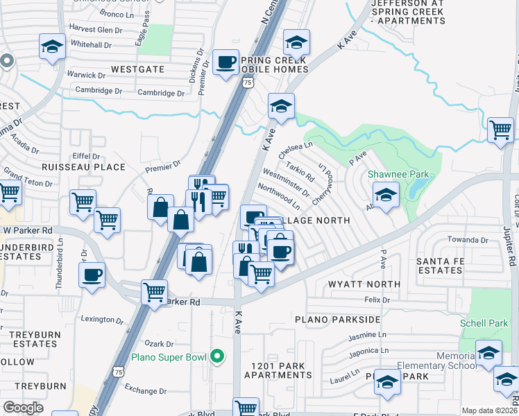 map of restaurants, bars, coffee shops, grocery stores, and more near 3437 Glenwood Lane in Plano