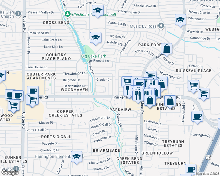 map of restaurants, bars, coffee shops, grocery stores, and more near 1440 Wind Cave Circle in Plano
