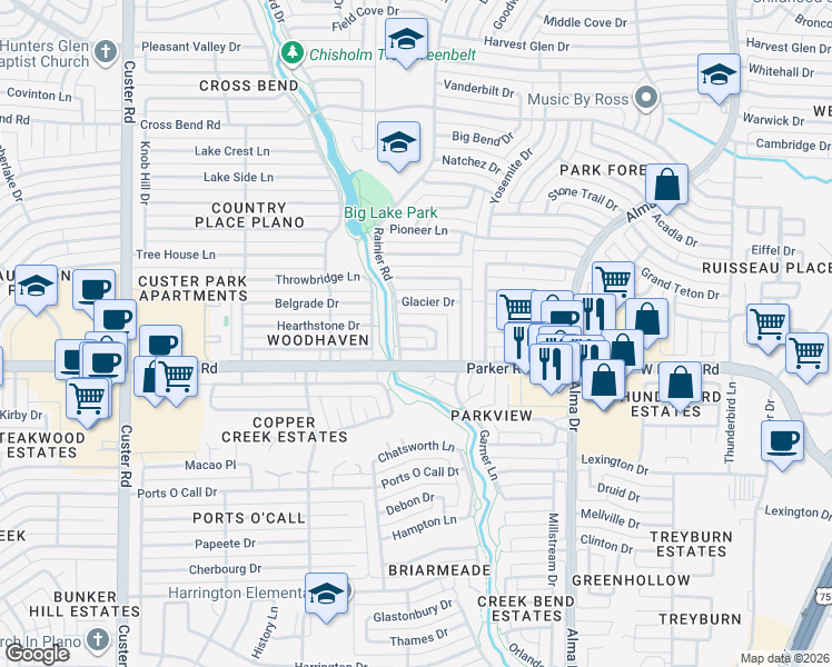 map of restaurants, bars, coffee shops, grocery stores, and more near 1440 Wind Cave Circle in Plano