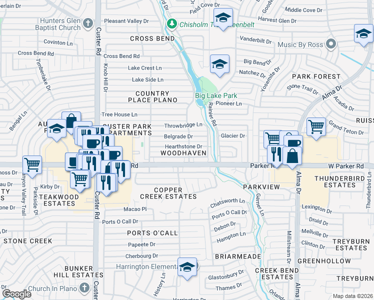 map of restaurants, bars, coffee shops, grocery stores, and more near 1604 Hearthstone Drive in Plano