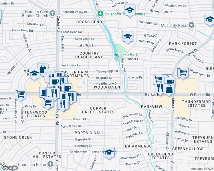 map of restaurants, bars, coffee shops, grocery stores, and more near 1604 Hearthstone Drive in Plano