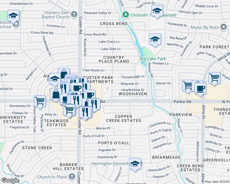 map of restaurants, bars, coffee shops, grocery stores, and more near 3317 Carriage Lane in Plano