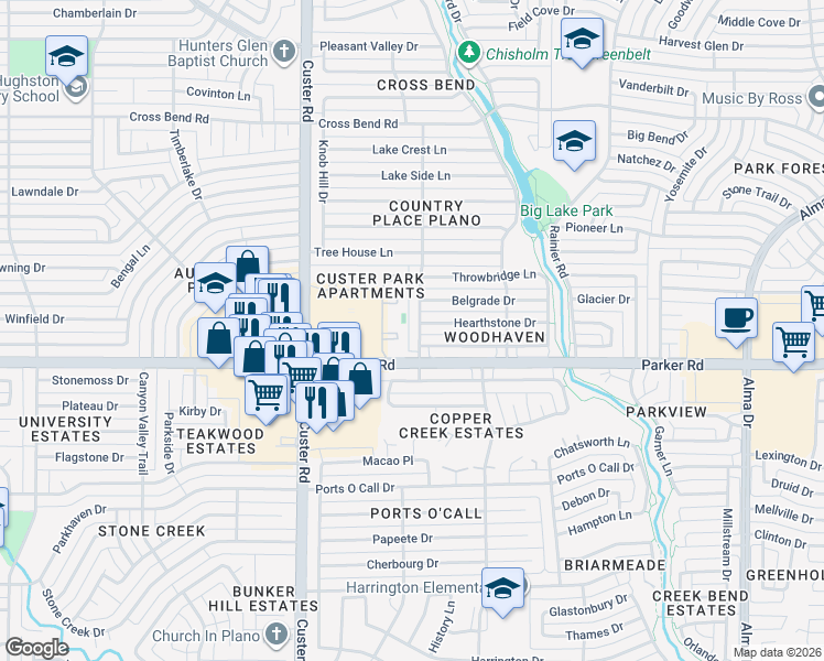 map of restaurants, bars, coffee shops, grocery stores, and more near 3317 Carriage Lane in Plano