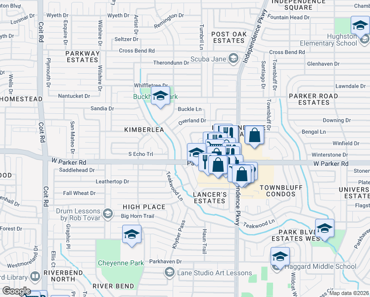 map of restaurants, bars, coffee shops, grocery stores, and more near 3353 Lanarc Drive in Plano