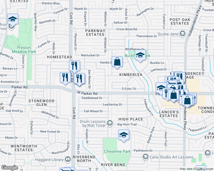map of restaurants, bars, coffee shops, grocery stores, and more near 3312 Starlight Trail in Plano