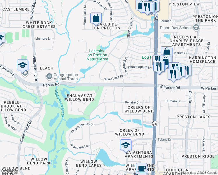 map of restaurants, bars, coffee shops, grocery stores, and more near 3221 Sleepy Hollow Drive in Plano