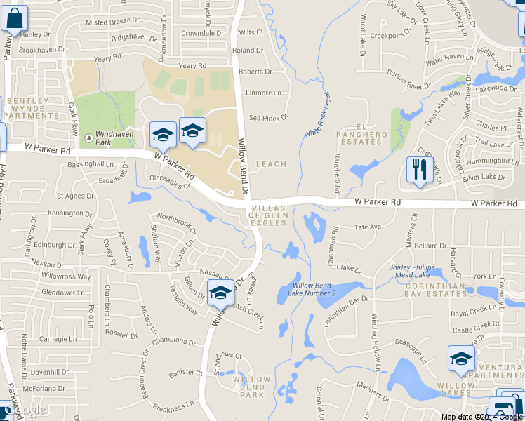 map of restaurants, bars, coffee shops, grocery stores, and more near 5517 Gleneagles Drive in Plano