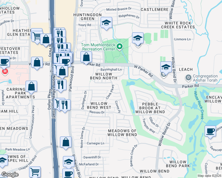 map of restaurants, bars, coffee shops, grocery stores, and more near 5913 Kensington Drive in Plano