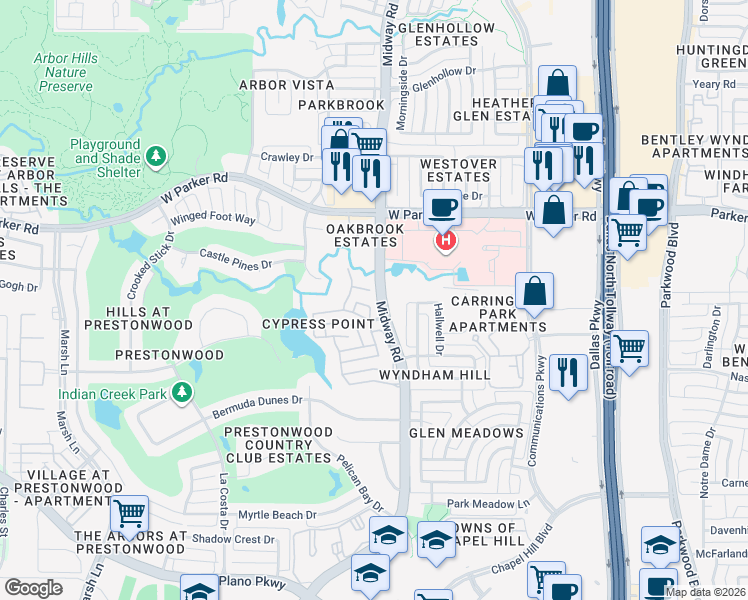 map of restaurants, bars, coffee shops, grocery stores, and more near 6404 Stonebrook Circle in Plano