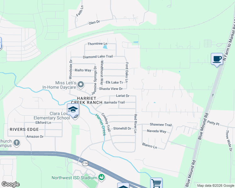 map of restaurants, bars, coffee shops, grocery stores, and more near 1917 Lariat Drive in Justin