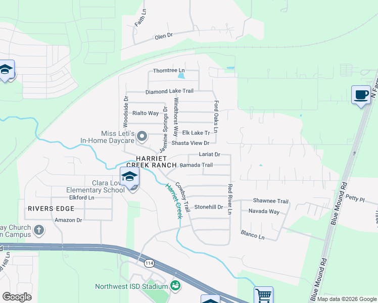map of restaurants, bars, coffee shops, grocery stores, and more near 1917 Lariat Drive in Justin