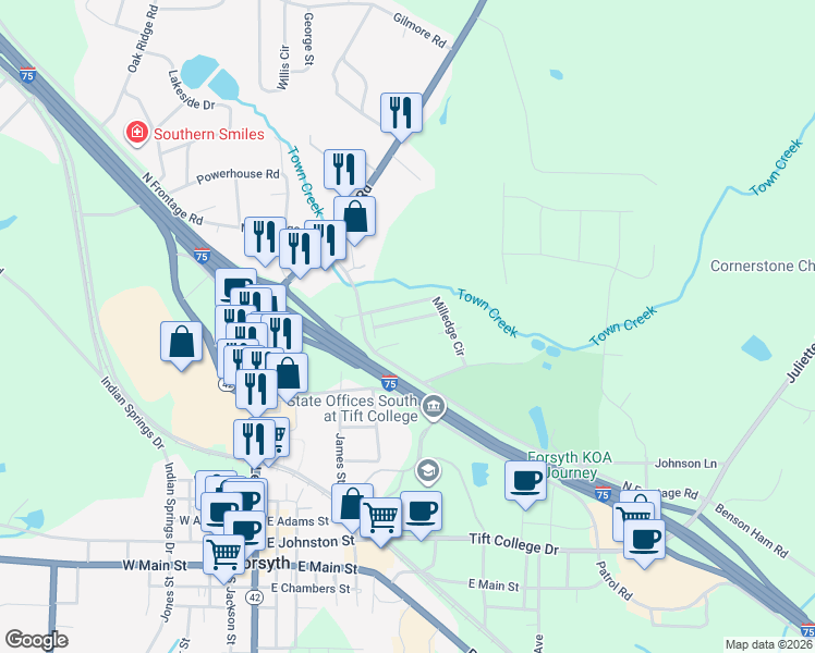 map of restaurants, bars, coffee shops, grocery stores, and more near 195 Solomon Street in Forsyth