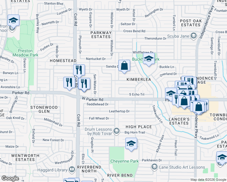 map of restaurants, bars, coffee shops, grocery stores, and more near 3312 Starlight Trail in Plano