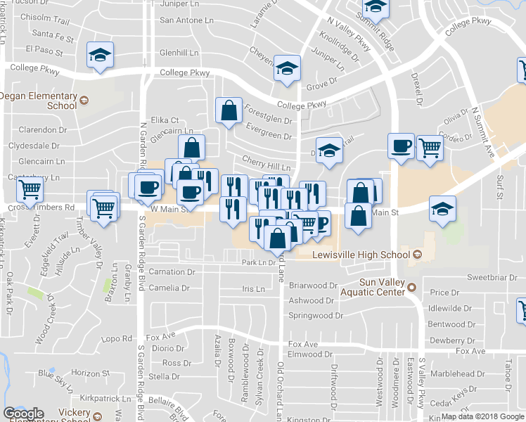map of restaurants, bars, coffee shops, grocery stores, and more near 1352 West Main Street in Lewisville