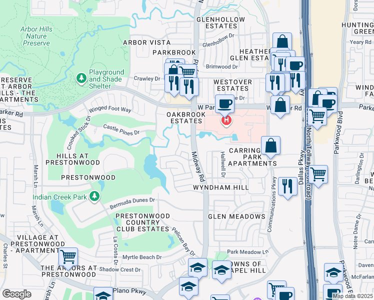 map of restaurants, bars, coffee shops, grocery stores, and more near 6404 Stonebrook Circle in Plano