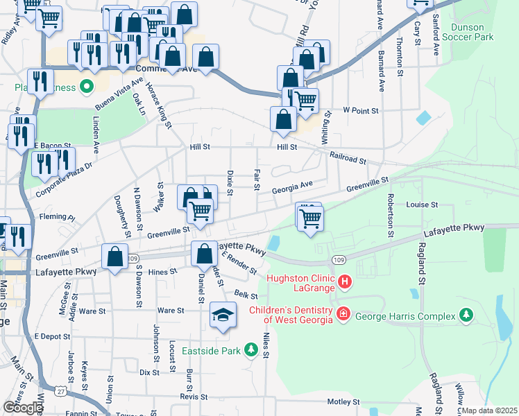 map of restaurants, bars, coffee shops, grocery stores, and more near 801 Greenville Street in LaGrange