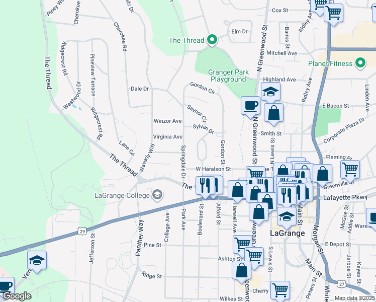 map of restaurants, bars, coffee shops, grocery stores, and more near 300 Springdale Drive in LaGrange