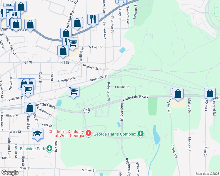 map of restaurants, bars, coffee shops, grocery stores, and more near 6 Louise Street in LaGrange