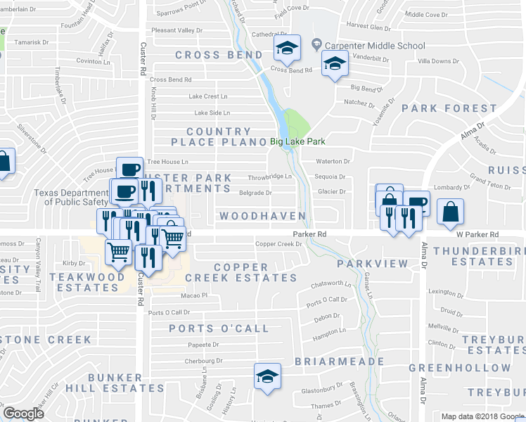 map of restaurants, bars, coffee shops, grocery stores, and more near 1604 Hearthstone Drive in Plano