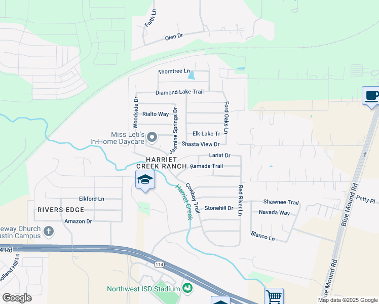 map of restaurants, bars, coffee shops, grocery stores, and more near 1841 Lariat Drive in Justin