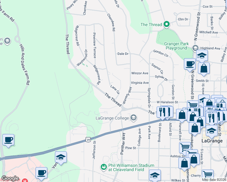 map of restaurants, bars, coffee shops, grocery stores, and more near 301 Lane Circle in LaGrange