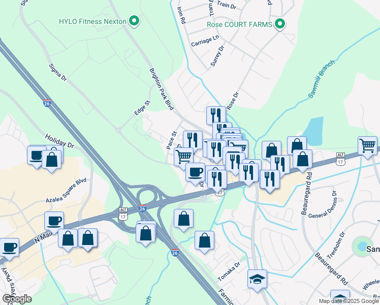 map of restaurants, bars, coffee shops, grocery stores, and more near 5500 Front Street in Summerville