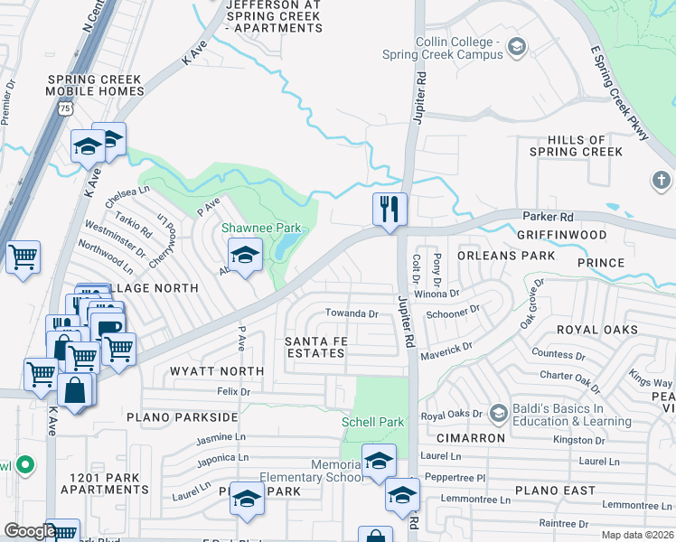 map of restaurants, bars, coffee shops, grocery stores, and more near 3309 Oswego Drive in Plano