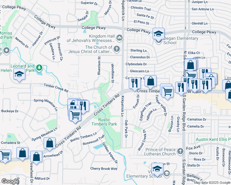map of restaurants, bars, coffee shops, grocery stores, and more near 1105 Altoga Court in Flower Mound