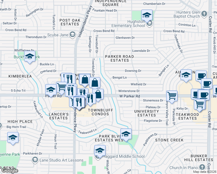 map of restaurants, bars, coffee shops, grocery stores, and more near 3316 Hilltop Lane in Plano