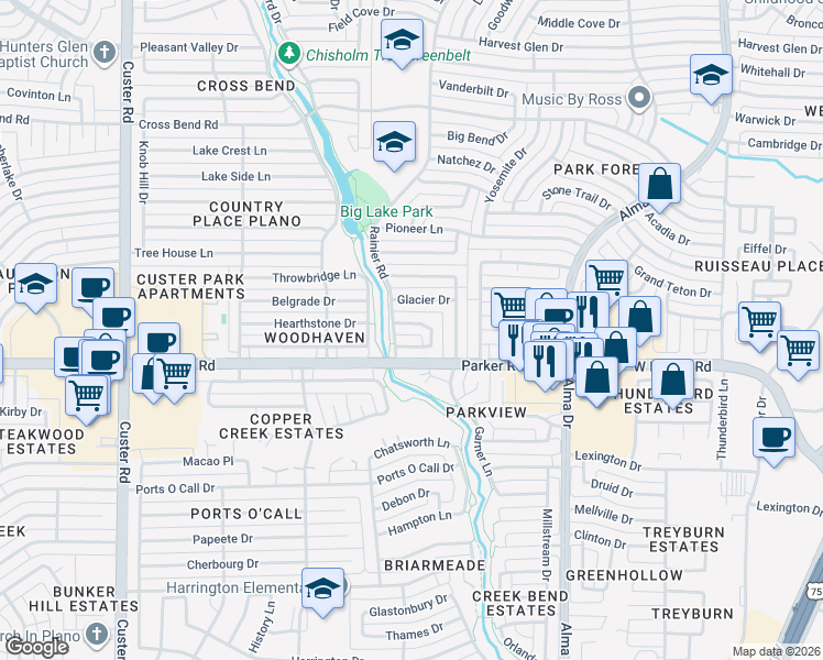 map of restaurants, bars, coffee shops, grocery stores, and more near 1440 Wind Cave Circle in Plano