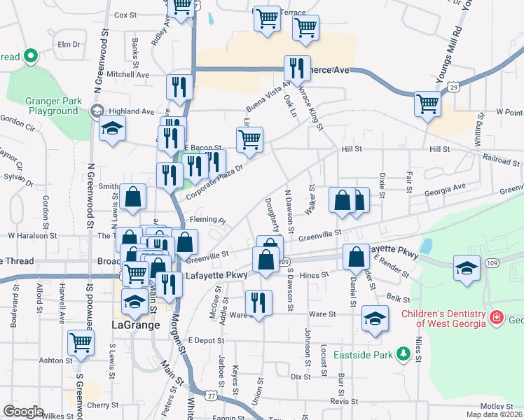 map of restaurants, bars, coffee shops, grocery stores, and more near 208 Hill Street in LaGrange