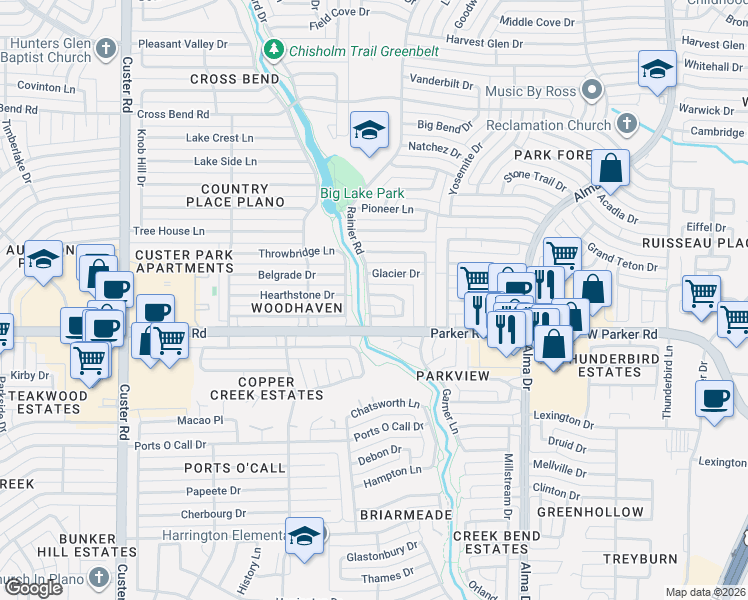 map of restaurants, bars, coffee shops, grocery stores, and more near 1456 Wind Cave Circle in Plano