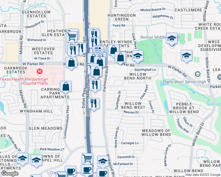 map of restaurants, bars, coffee shops, grocery stores, and more near 5981 Kensington Drive in Plano