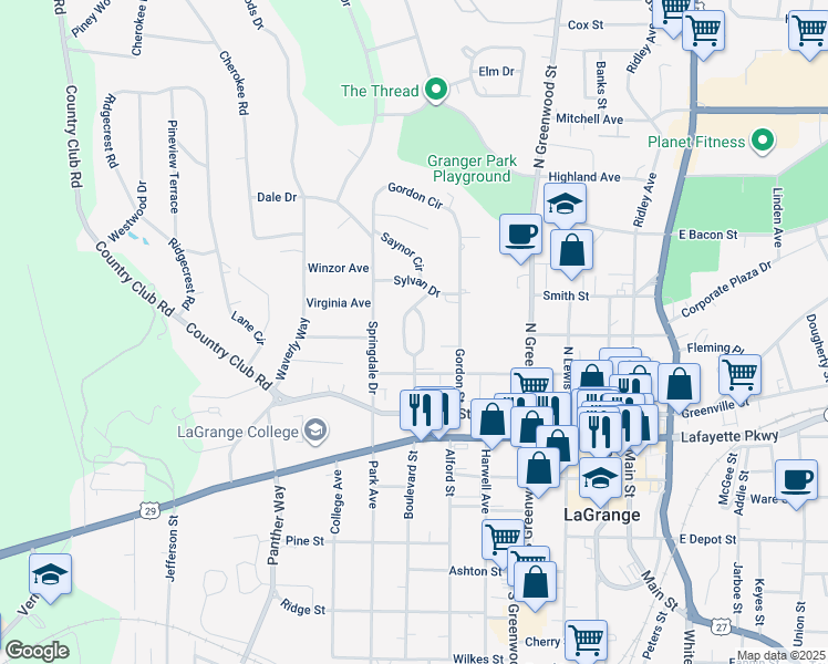 map of restaurants, bars, coffee shops, grocery stores, and more near 204 Ben Hill St in La Grange