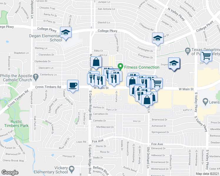 map of restaurants, bars, coffee shops, grocery stores, and more near 1520 West Main Street in Lewisville