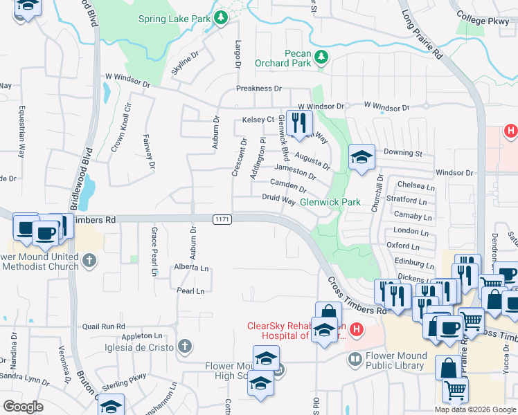 map of restaurants, bars, coffee shops, grocery stores, and more near 3416 Heather Glen Drive in Flower Mound