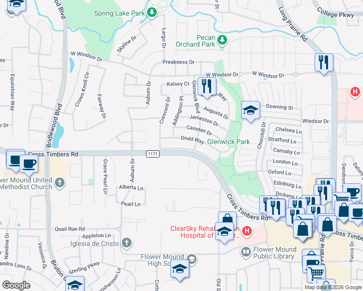map of restaurants, bars, coffee shops, grocery stores, and more near 3416 Heather Glen Drive in Flower Mound