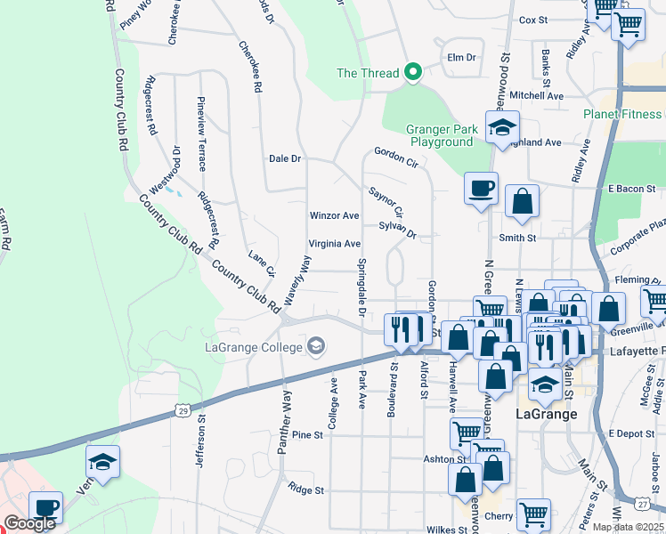 map of restaurants, bars, coffee shops, grocery stores, and more near 604 Edmondson Avenue in LaGrange