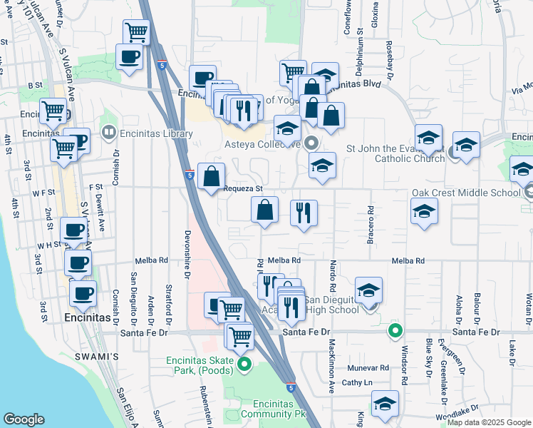 map of restaurants, bars, coffee shops, grocery stores, and more near 537 Park Lane in Encinitas